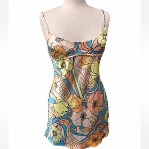Zara Satiny Mini Slip Dress Floral Retro 70's Strappy Medium NWT